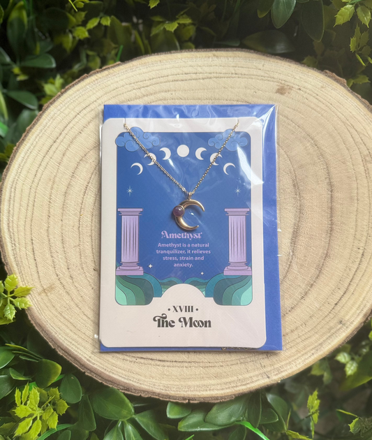 Amethyst Crystal Moon Gold Necklace Card