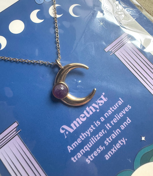 Amethyst Crystal Moon Gold Necklace Card