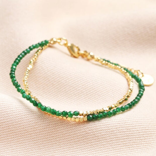 Green Semi-Precious Beaded 14ct Gold Plated Bracelet